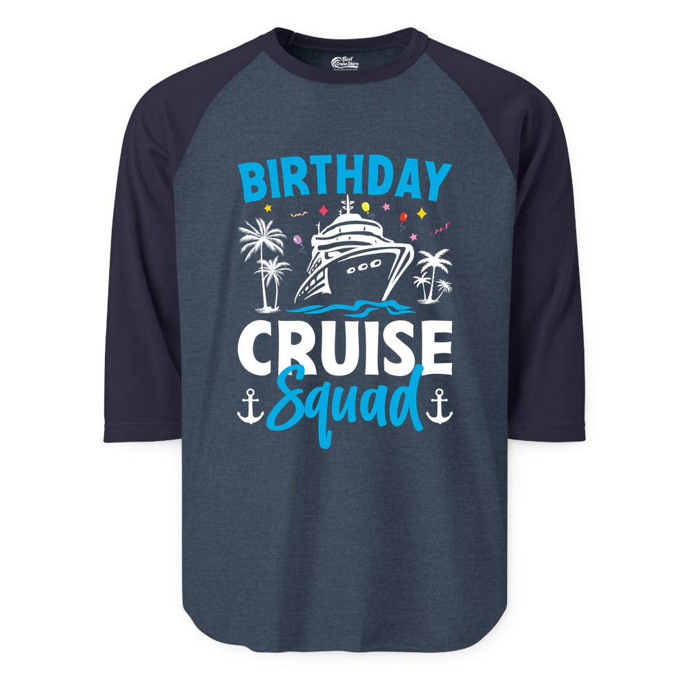 Birthday Cruise Squad Shirt - Tropical Birthday Cruise Apparel (Raglan) in Heather DenimNavy - Birthday Cruise Squad Shirt with Ship Palm Trees Balloons Nautical Icons