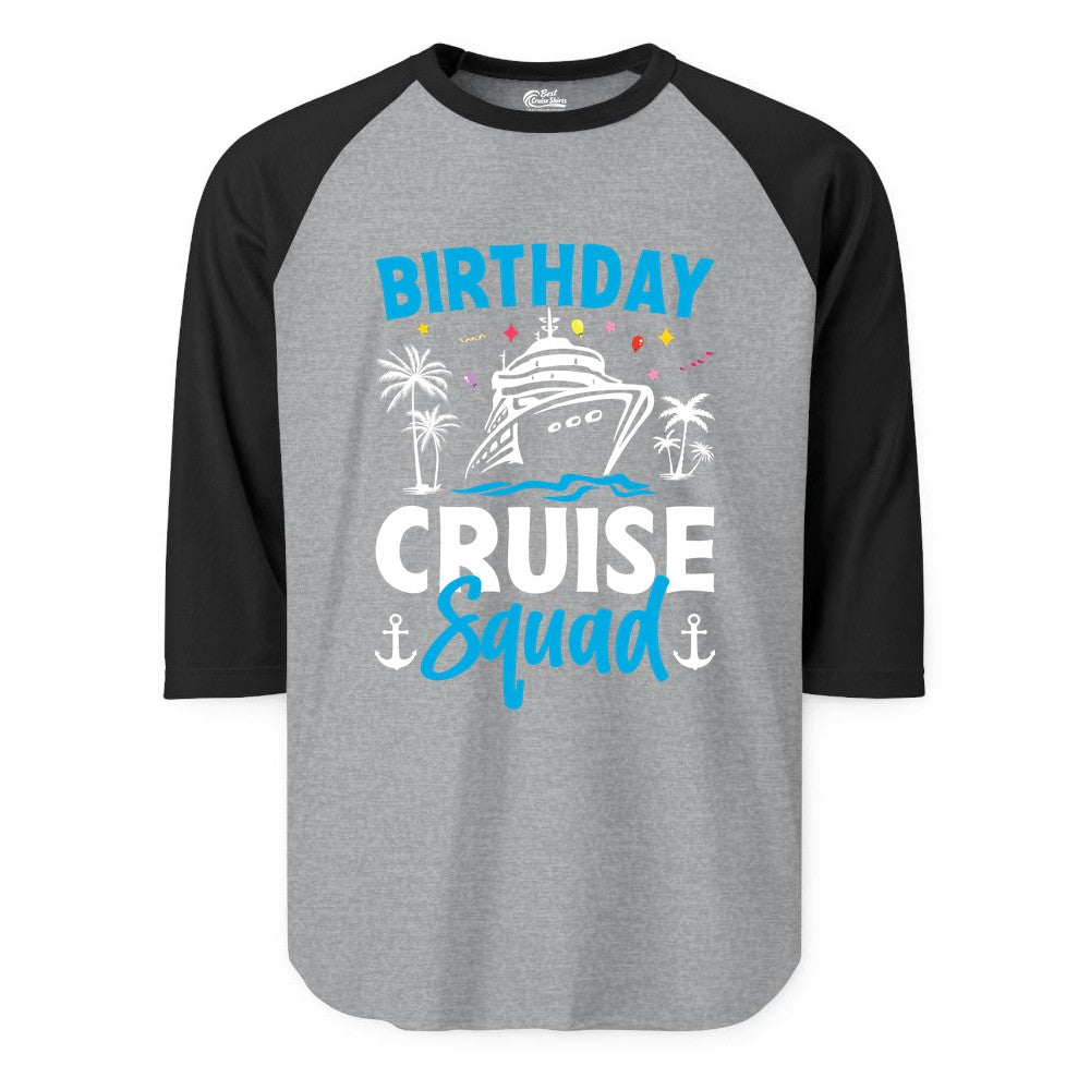 Birthday Cruise Squad Shirt - Tropical Birthday Cruise Apparel (Raglan) in Heather GreyBlack - Birthday Cruise Squad Shirt with Ship Palm Trees Balloons Nautical Icons