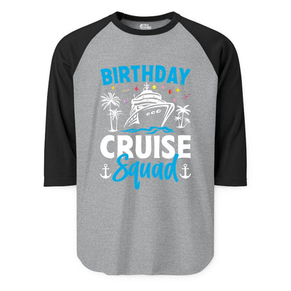 Birthday Cruise Squad Shirt - Tropical Birthday Cruise Apparel (Raglan) in Heather GreyBlack - Birthday Cruise Squad Shirt with Ship Palm Trees Balloons Nautical Icons