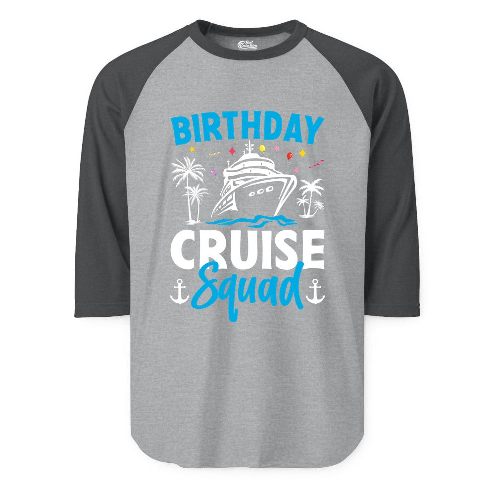 Birthday Cruise Squad Shirt - Tropical Birthday Cruise Apparel (Raglan) in Heather GreyHeather Charcoal - Birthday Cruise Squad Shirt with Ship Palm Trees Balloons Nautical Icons