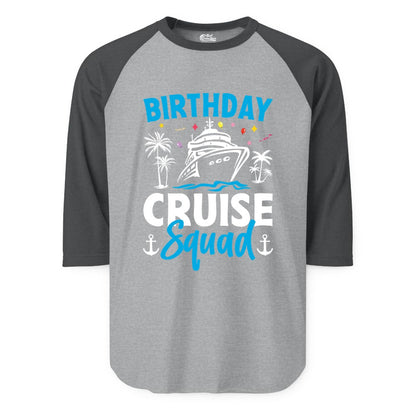 Birthday Cruise Squad Shirt - Tropical Birthday Cruise Apparel (Raglan) in Heather GreyHeather Charcoal - Birthday Cruise Squad Shirt with Ship Palm Trees Balloons Nautical Icons