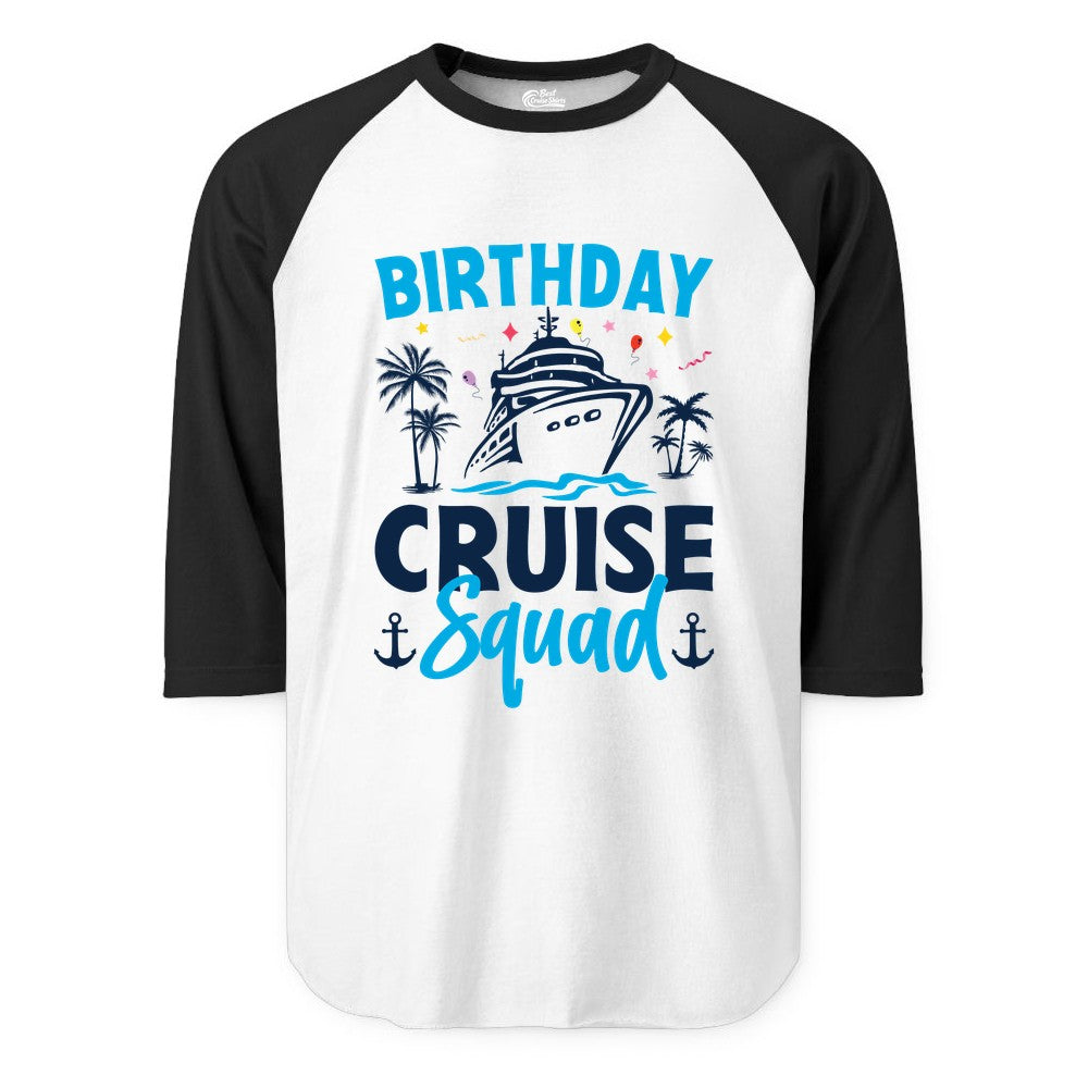 Birthday Cruise Squad Shirt - Tropical Birthday Cruise Apparel (Raglan) in WhiteBlack - Birthday Cruise Squad Shirt with Ship Palm Trees Balloons Nautical Icons