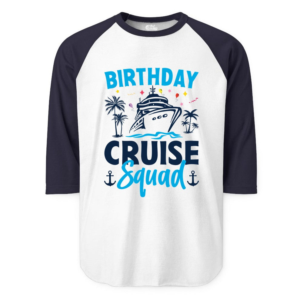 Birthday Cruise Squad Shirt - Tropical Birthday Cruise Apparel (Raglan) in WhiteNavy - Birthday Cruise Squad Shirt with Ship Palm Trees Balloons Nautical Icons
