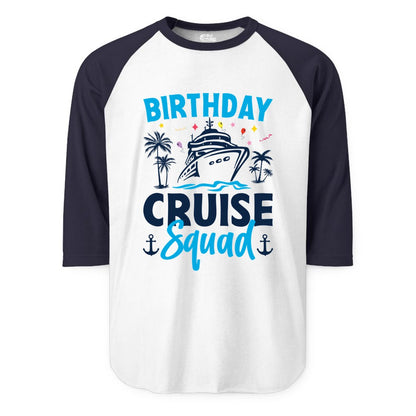 Birthday Cruise Squad Shirt - Tropical Birthday Cruise Apparel (Raglan) in WhiteNavy - Birthday Cruise Squad Shirt with Ship Palm Trees Balloons Nautical Icons