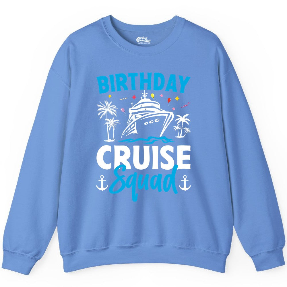 Birthday Cruise Squad Shirt - Tropical Birthday Cruise Apparel (Sweatshirt) in Carolina Blue - Birthday Cruise Squad Shirt with Ship Palm Trees Balloons Nautical Icons