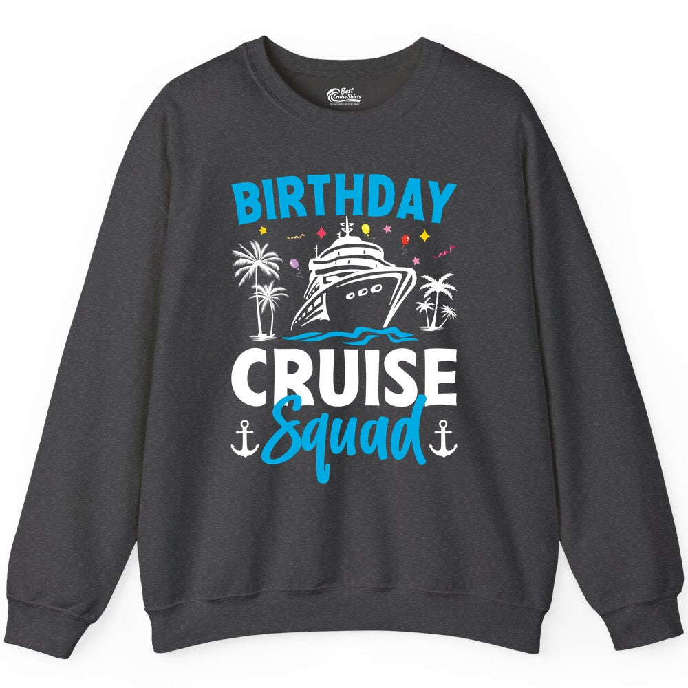 Birthday Cruise Squad Shirt - Tropical Birthday Cruise Apparel (Sweatshirt) in Dark Heather - Birthday Cruise Squad Shirt with Ship Palm Trees Balloons Nautical Icons