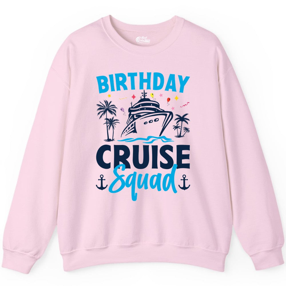 Birthday Cruise Squad Shirt - Tropical Birthday Cruise Apparel (Sweatshirt) in Light Pink - Birthday Cruise Squad Shirt with Ship Palm Trees Balloons Nautical Icons