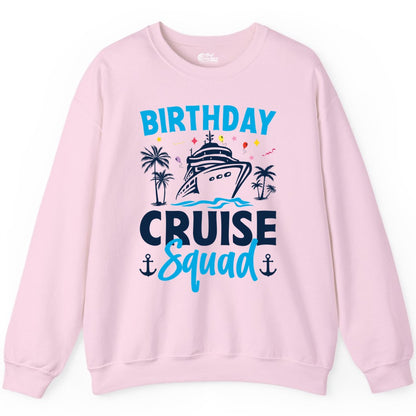 Birthday Cruise Squad Shirt - Tropical Birthday Cruise Apparel (Sweatshirt) in Light Pink - Birthday Cruise Squad Shirt with Ship Palm Trees Balloons Nautical Icons