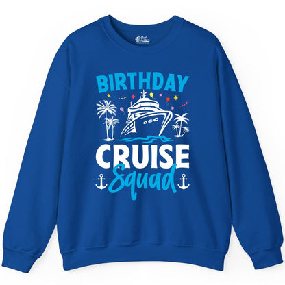 Birthday Cruise Squad Shirt - Tropical Birthday Cruise Apparel (Sweatshirt) in Royal - Birthday Cruise Squad Shirt with Ship Palm Trees Balloons Nautical Icons