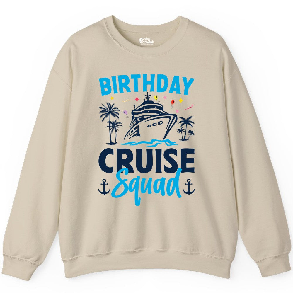 Birthday Cruise Squad Shirt - Tropical Birthday Cruise Apparel (Sweatshirt) in Sand - Birthday Cruise Squad Shirt with Ship Palm Trees Balloons Nautical Icons