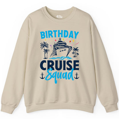 Birthday Cruise Squad Shirt - Tropical Birthday Cruise Apparel (Sweatshirt) in Sand - Birthday Cruise Squad Shirt with Ship Palm Trees Balloons Nautical Icons