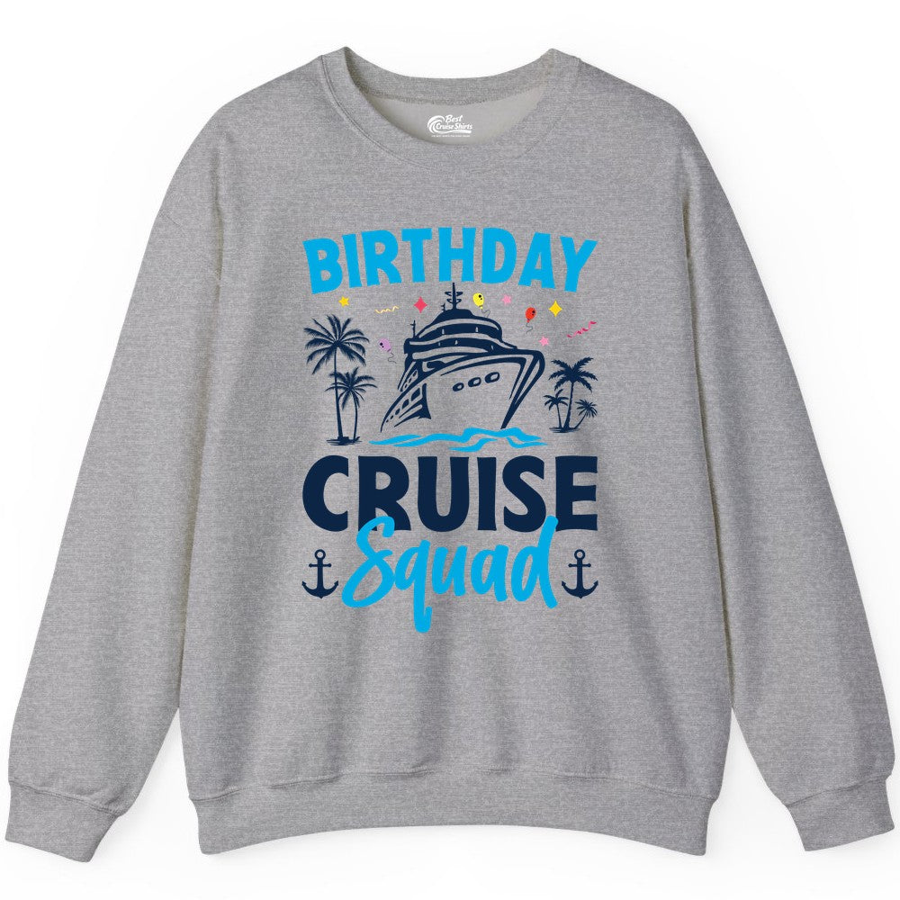 Birthday Cruise Squad Shirt - Tropical Birthday Cruise Apparel (Sweatshirt) in Sport Grey - Birthday Cruise Squad Shirt with Ship Palm Trees Balloons Nautical Icons