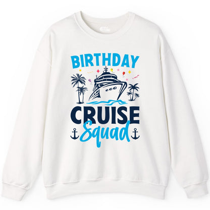 Birthday Cruise Squad Shirt - Tropical Birthday Cruise Apparel (Sweatshirt) in White - Birthday Cruise Squad Shirt with Ship Palm Trees Balloons Nautical Icons