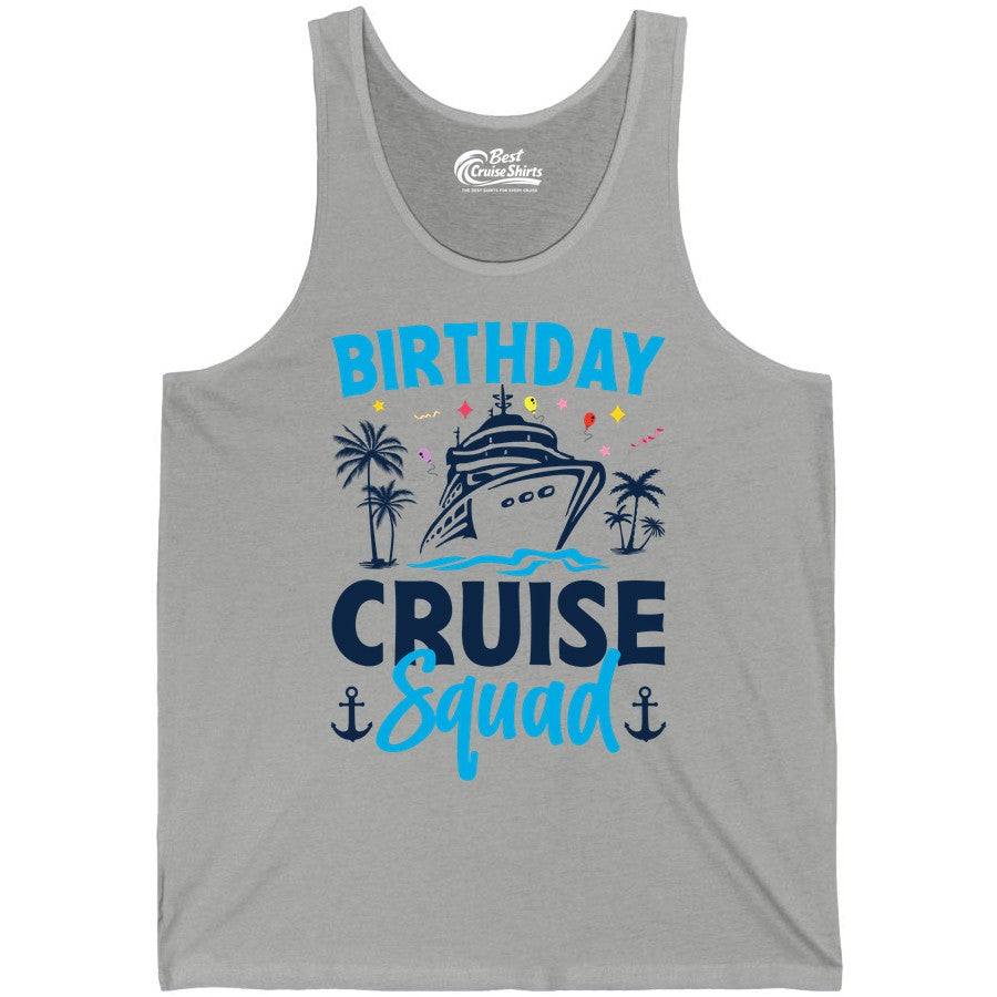 Birthday Cruise Squad Shirt - Tropical Birthday Cruise Apparel (Tank Top) in Athletic Heather - Birthday Cruise Squad Shirt with Ship Palm Trees Balloons Nautical Icons