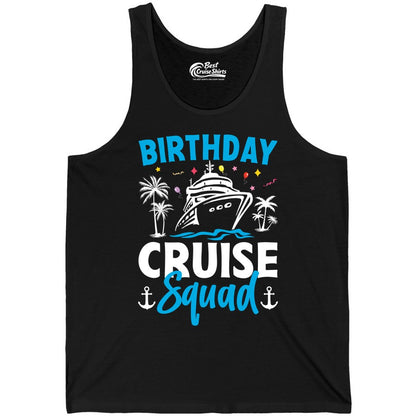 Birthday Cruise Squad Shirt - Tropical Birthday Cruise Apparel (Tank Top) in Black - Birthday Cruise Squad Shirt with Ship Palm Trees Balloons Nautical Icons