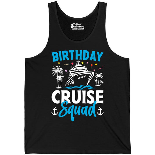 Birthday Cruise Squad Shirt - Tropical Birthday Cruise Apparel (Tank Top) in Black - Birthday Cruise Squad Shirt with Ship Palm Trees Balloons Nautical Icons