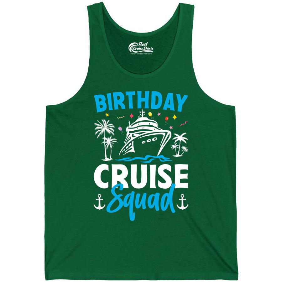 Birthday Cruise Squad Shirt - Tropical Birthday Cruise Apparel (Tank Top) in Kelly - Birthday Cruise Squad Shirt with Ship Palm Trees Balloons Nautical Icons