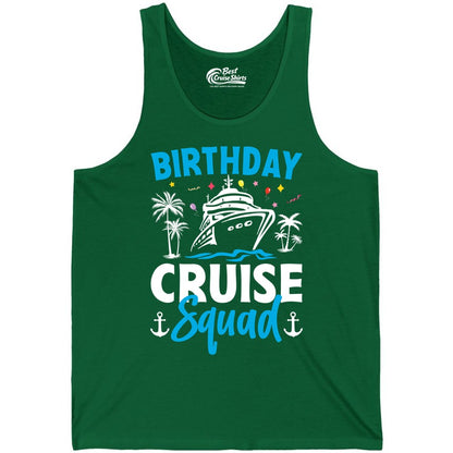 Birthday Cruise Squad Shirt - Tropical Birthday Cruise Apparel (Tank Top) in Kelly - Birthday Cruise Squad Shirt with Ship Palm Trees Balloons Nautical Icons