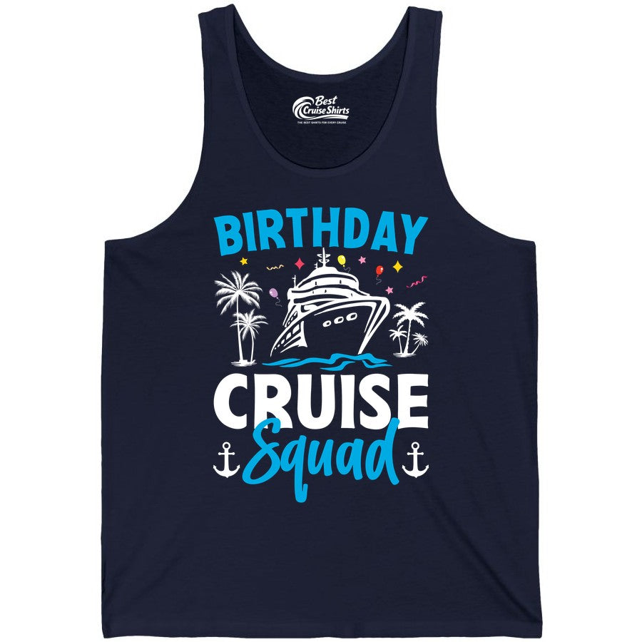 Birthday Cruise Squad Shirt - Tropical Birthday Cruise Apparel (Tank Top) in Navy - Birthday Cruise Squad Shirt with Ship Palm Trees Balloons Nautical Icons