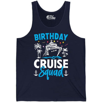 Birthday Cruise Squad Shirt - Tropical Birthday Cruise Apparel (Tank Top) in Navy - Birthday Cruise Squad Shirt with Ship Palm Trees Balloons Nautical Icons