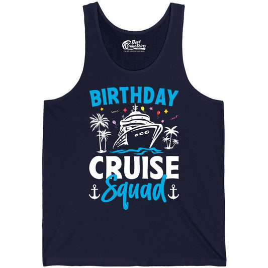 Birthday Cruise Squad Shirt - Tropical Birthday Cruise Apparel (Tank Top) in Navy - Birthday Cruise Squad Shirt with Ship Palm Trees Balloons Nautical Icons