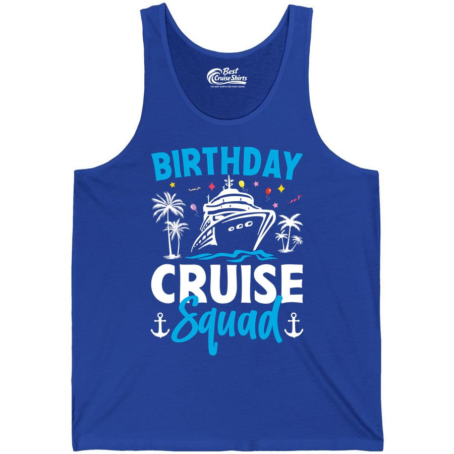 Birthday Cruise Squad Shirt - Tropical Birthday Cruise Apparel (Tank Top) in True Royal - Birthday Cruise Squad Shirt with Ship Palm Trees Balloons Nautical Icons