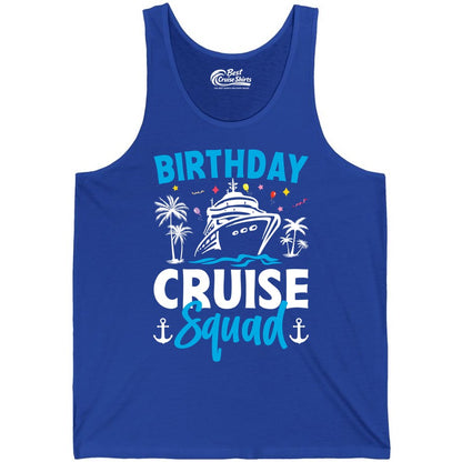 Birthday Cruise Squad Shirt - Tropical Birthday Cruise Apparel (Tank Top) in True Royal - Birthday Cruise Squad Shirt with Ship Palm Trees Balloons Nautical Icons