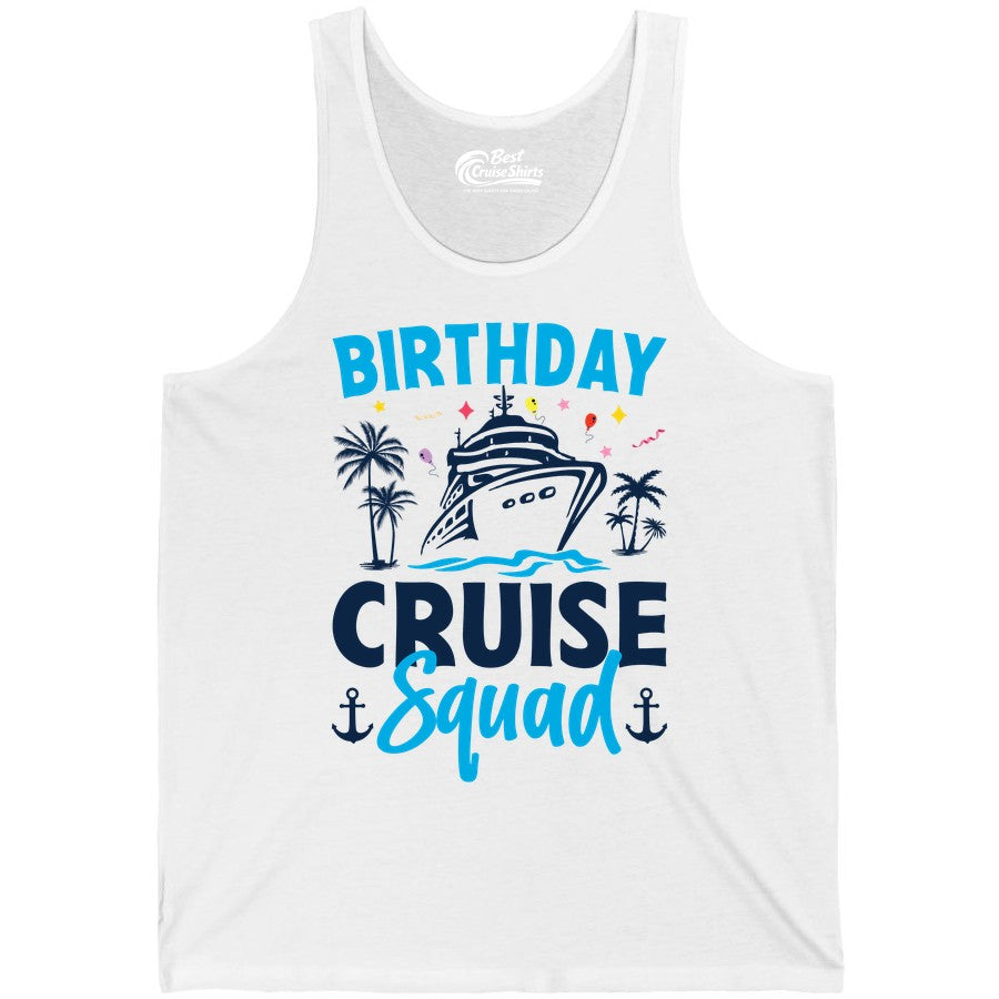 Birthday Cruise Squad Shirt - Tropical Birthday Cruise Apparel (Tank Top) in White - Birthday Cruise Squad Shirt with Ship Palm Trees Balloons Nautical Icons