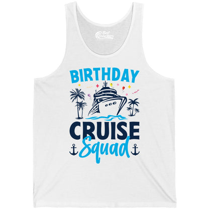 Birthday Cruise Squad Shirt - Tropical Birthday Cruise Apparel (Tank Top) in White - Birthday Cruise Squad Shirt with Ship Palm Trees Balloons Nautical Icons
