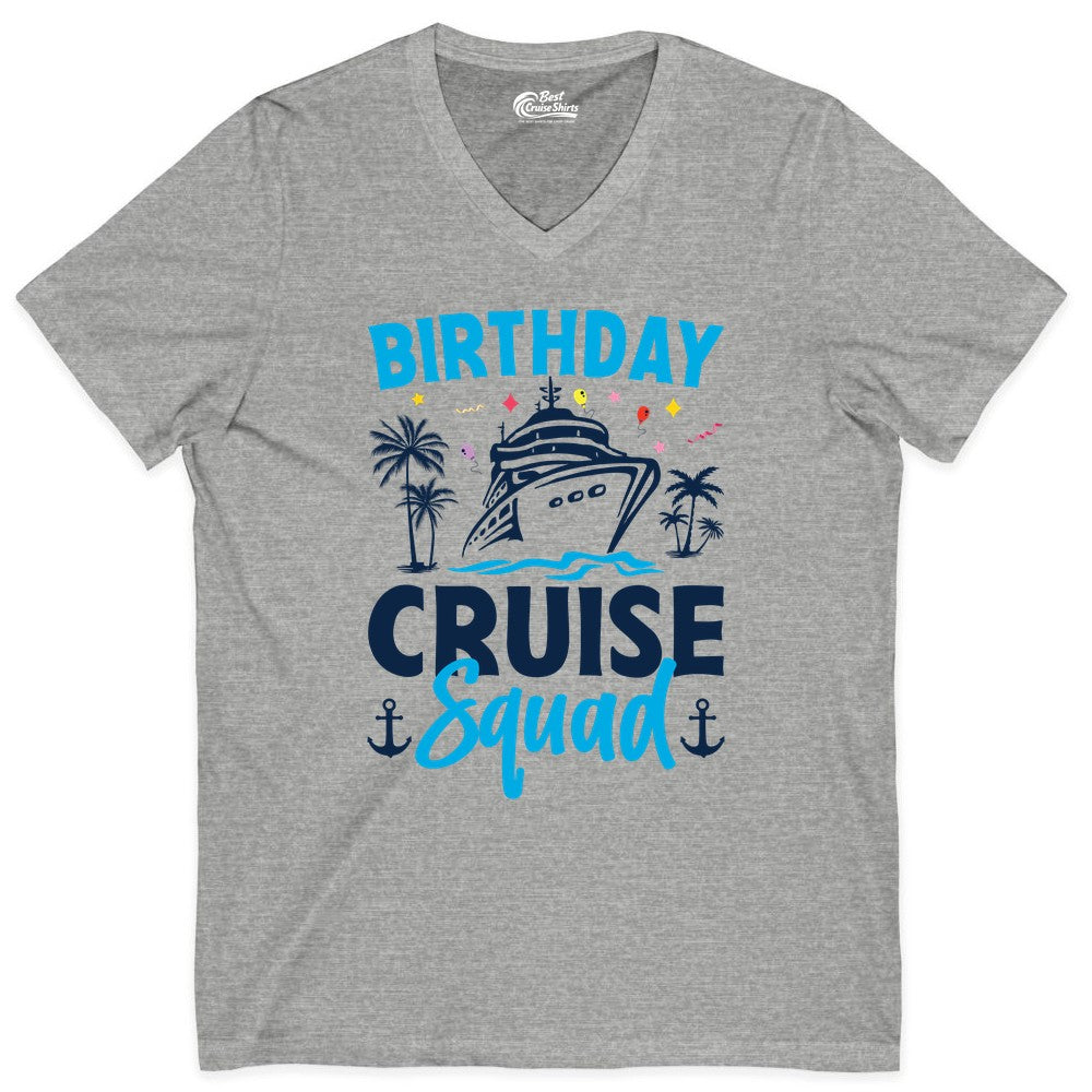 Birthday Cruise Squad Shirt - Tropical Birthday Cruise Apparel (V-Neck) in Athletic Heather - Birthday Cruise Squad Shirt with Ship Palm Trees Balloons Nautical Icons
