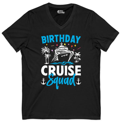 Birthday Cruise Squad Shirt - Tropical Birthday Cruise Apparel (V-Neck) in Black - Birthday Cruise Squad Shirt with Ship Palm Trees Balloons Nautical Icons