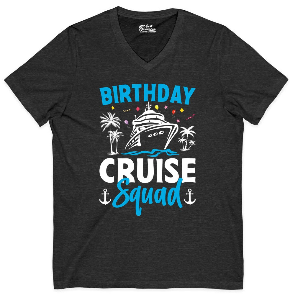 Birthday Cruise Squad Shirt - Tropical Birthday Cruise Apparel (V-Neck) in Dark Grey Heather - Birthday Cruise Squad Shirt with Ship Palm Trees Balloons Nautical Icons