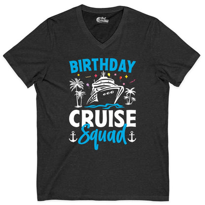 Birthday Cruise Squad Shirt - Tropical Birthday Cruise Apparel (V-Neck) in Dark Grey Heather - Birthday Cruise Squad Shirt with Ship Palm Trees Balloons Nautical Icons