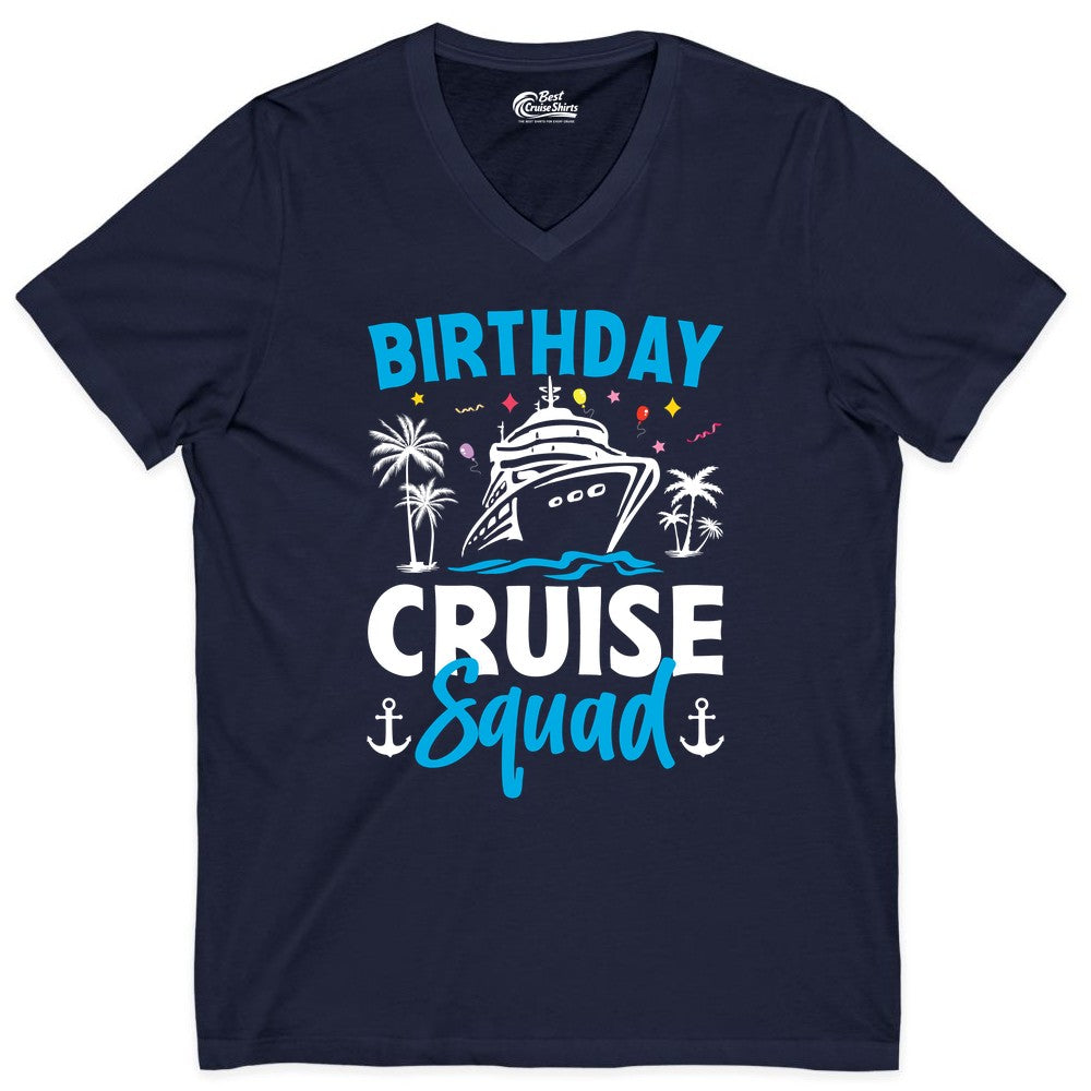 Birthday Cruise Squad Shirt - Tropical Birthday Cruise Apparel (V-Neck) in Navy - Birthday Cruise Squad Shirt with Ship Palm Trees Balloons Nautical Icons