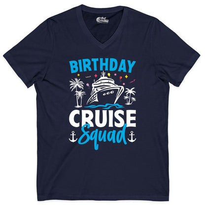 Birthday Cruise Squad Shirt - Tropical Birthday Cruise Apparel (V-Neck) in Navy - Birthday Cruise Squad Shirt with Ship Palm Trees Balloons Nautical Icons
