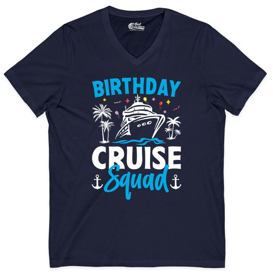 Birthday Cruise Squad Shirt - Tropical Birthday Cruise Apparel (V-Neck) in Navy - Birthday Cruise Squad Shirt with Ship Palm Trees Balloons Nautical Icons