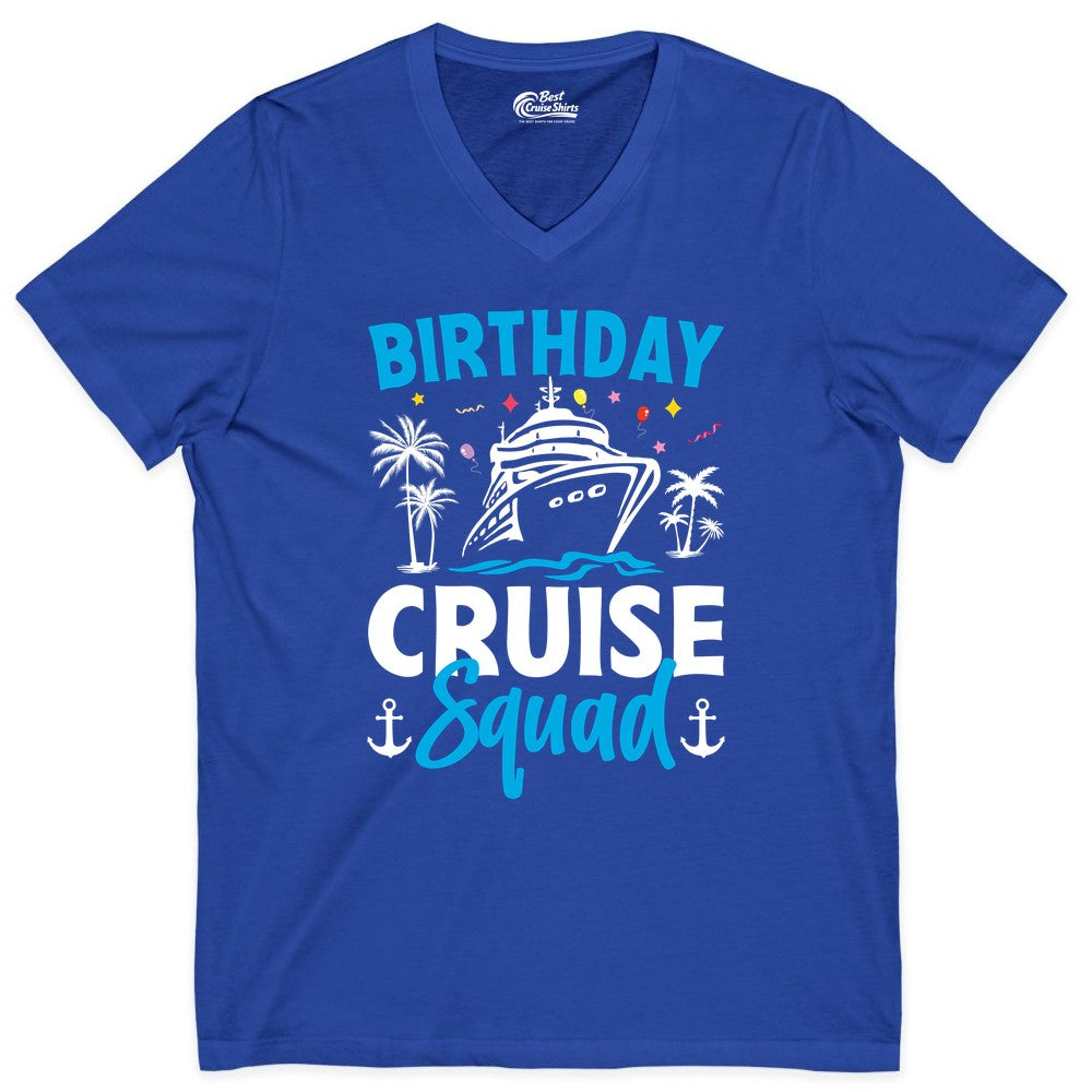 Birthday Cruise Squad Shirt - Tropical Birthday Cruise Apparel (V-Neck) in True Royal - Birthday Cruise Squad Shirt with Ship Palm Trees Balloons Nautical Icons