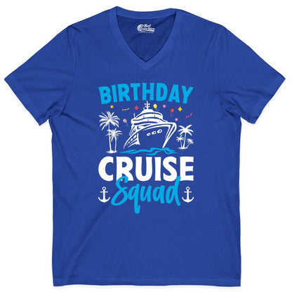 Birthday Cruise Squad Shirt - Tropical Birthday Cruise Apparel (V-Neck) in True Royal - Birthday Cruise Squad Shirt with Ship Palm Trees Balloons Nautical Icons
