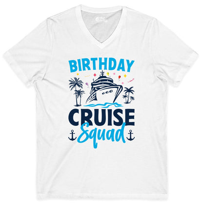 Birthday Cruise Squad Shirt - Tropical Birthday Cruise Apparel (V-Neck) in White - Birthday Cruise Squad Shirt with Ship Palm Trees Balloons Nautical Icons