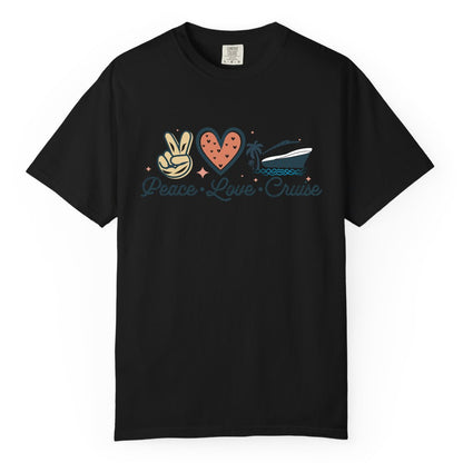Peace Love Cruise Shirt - Fun Family Cruise Vacation Group Tee (Comfort Color) in Black - Peace Love Cruise Shirt - Retro Hand Sign Heart Ship Group Tee