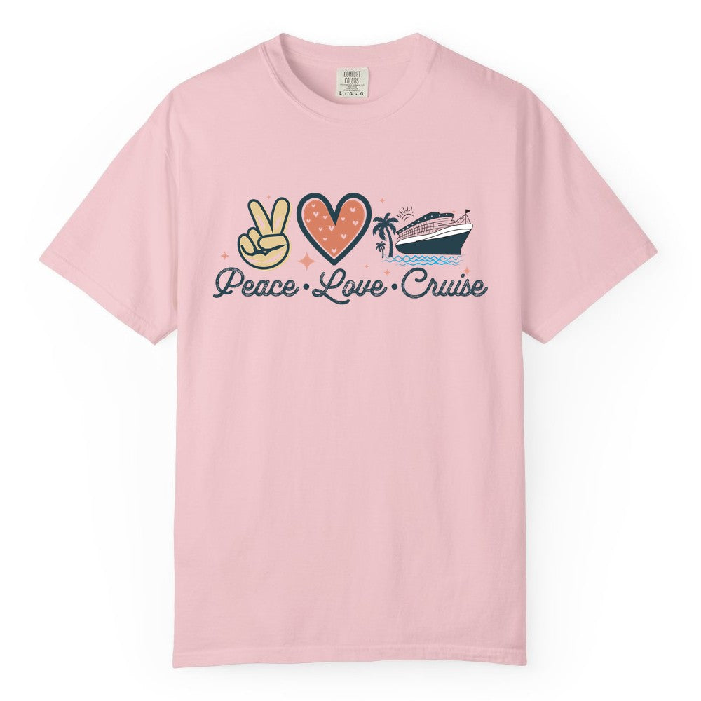 Peace Love Cruise Shirt - Fun Family Cruise Vacation Group Tee (Comfort Color) in Blossom - Peace Love Cruise Shirt - Retro Hand Sign Heart Ship Group Tee
