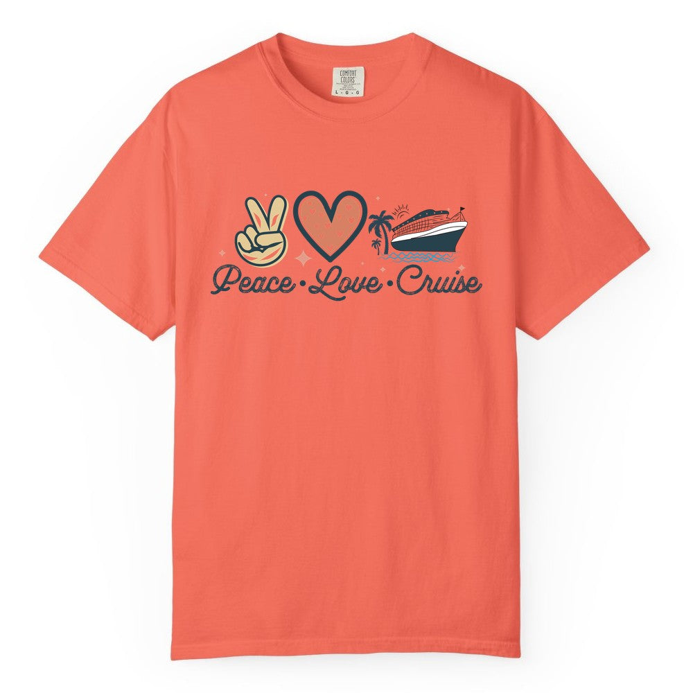 Peace Love Cruise Shirt - Fun Family Cruise Vacation Group Tee (Comfort Color) in Bright Salmon - Peace Love Cruise Shirt - Retro Hand Sign Heart Ship Group Tee