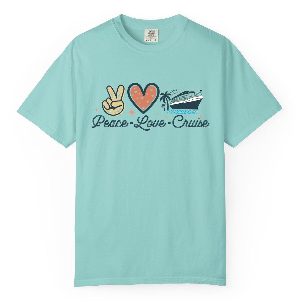Peace Love Cruise Shirt - Fun Family Cruise Vacation Group Tee (Comfort Color) in Chalky Mint - Peace Love Cruise Shirt - Retro Hand Sign Heart Ship Group Tee