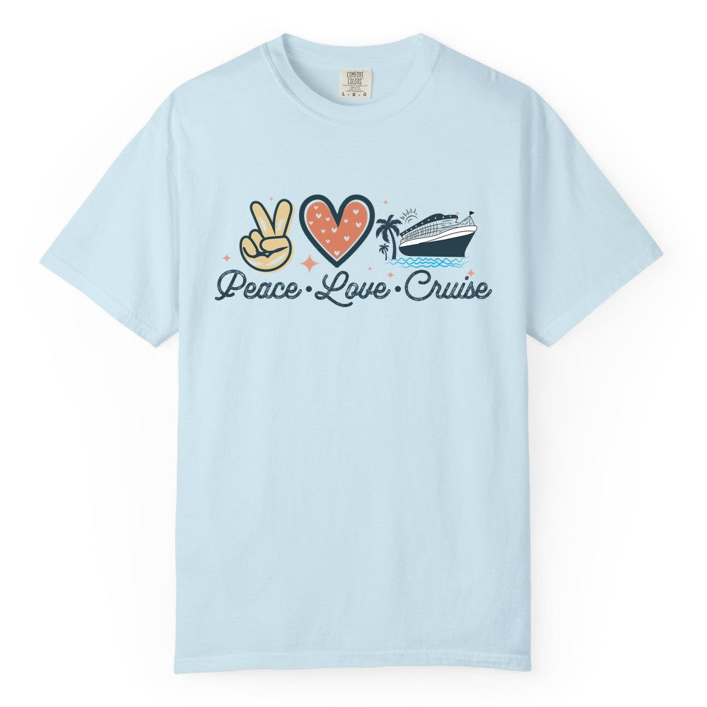 Peace Love Cruise Shirt - Fun Family Cruise Vacation Group Tee (Comfort Color) in Chambray - Peace Love Cruise Shirt - Retro Hand Sign Heart Ship Group Tee