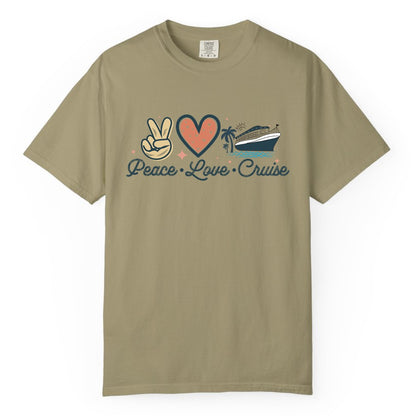 Peace Love Cruise Shirt - Fun Family Cruise Vacation Group Tee (Comfort Color) in Khaki - Peace Love Cruise Shirt - Retro Hand Sign Heart Ship Group Tee