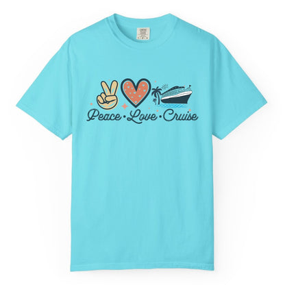 Peace Love Cruise Shirt - Fun Family Cruise Vacation Group Tee (Comfort Color) in Lagoon Blue - Peace Love Cruise Shirt - Retro Hand Sign Heart Ship Group Tee