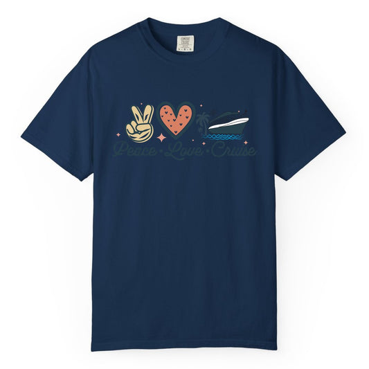 Peace Love Cruise Shirt - Fun Family Cruise Vacation Group Tee (Comfort Color) in Navy - Peace Love Cruise Shirt - Retro Hand Sign Heart Ship Group Tee