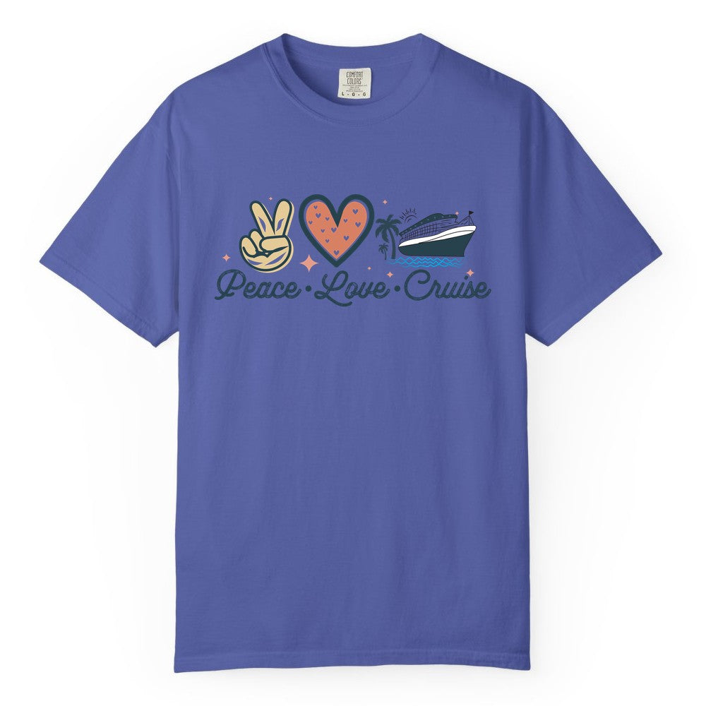Peace Love Cruise Shirt - Fun Family Cruise Vacation Group Tee (Comfort Color) in Periwinkle - Peace Love Cruise Shirt - Retro Hand Sign Heart Ship Group Tee