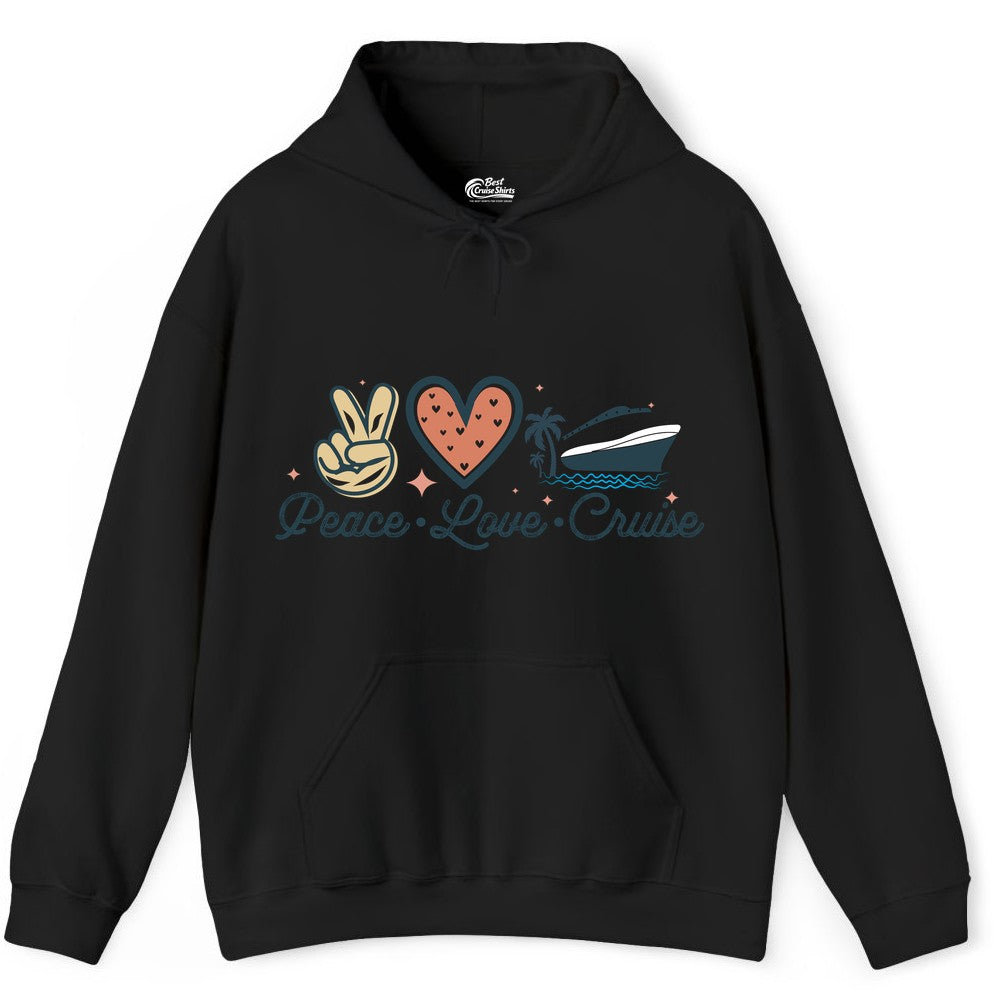 Peace Love Cruise Shirt - Fun Family Cruise Vacation Group Tee (Hoodie) in Black - Peace Love Cruise Shirt - Retro Hand Sign Heart Ship Group Tee