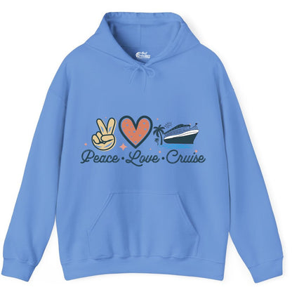 Peace Love Cruise Shirt - Fun Family Cruise Vacation Group Tee (Hoodie) in Carolina Blue - Peace Love Cruise Shirt - Retro Hand Sign Heart Ship Group Tee
